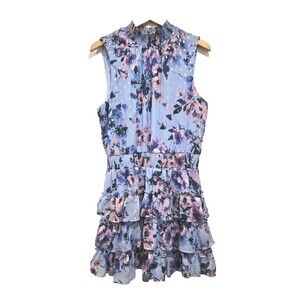 Everlily Women's Blue Gold Floral Mini Sleeveless Dress Smocked‎ Ruffles XL